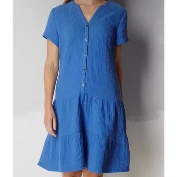 J Jill Ice Blue Small Tier Gauze Drop Waist Dress Button Midi Lagenlook Cottage - Picture 8 of 8